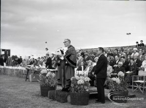 Dagenham Town Show 1965, showing Mayor Alderman W E Bellamy JP speaking at opening ceremony, 1965