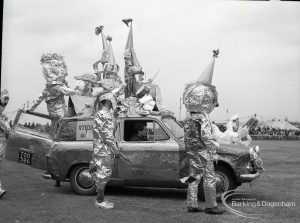 Dagenham Town Show 1965, showing seated decorated car and Space Age display, 1965