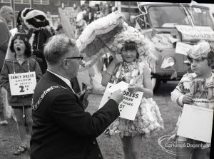 Dagenham Town Show 1965, showing Mayor Alderman W E Bellamy JP awarding prizes to children in Fancy Dress competition, 1965
