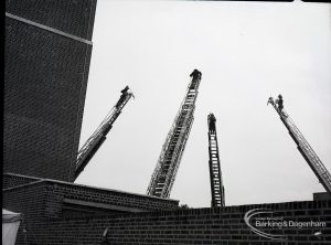 Dagenham Town Show 1965, showing four firemen from the Greater London Fire Brigade on ladders, taking part in Fire Fighting display at the Fire Station, 1965