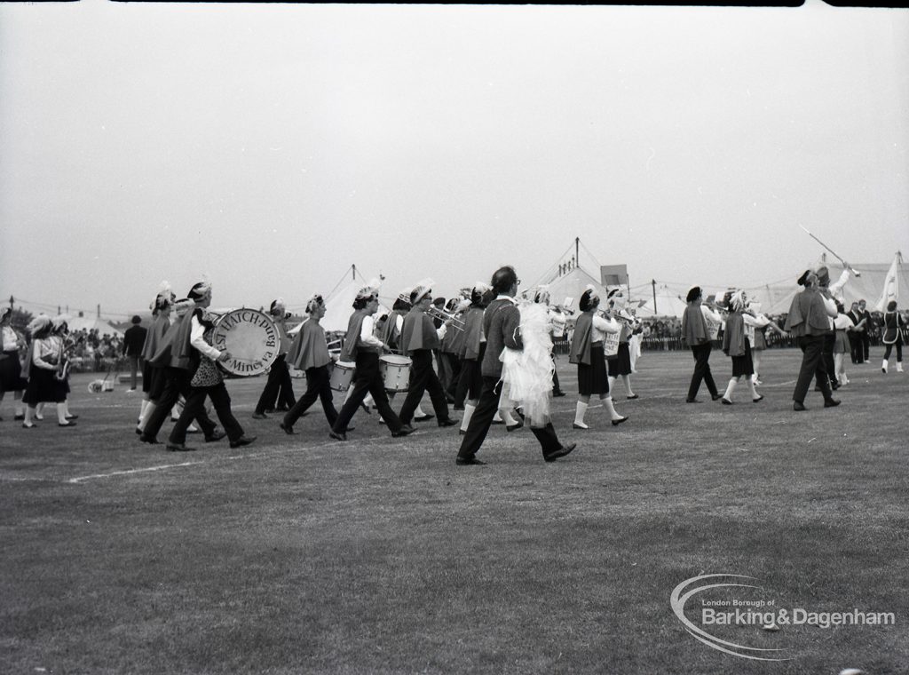 Dagenham Town Show 1965, showing band marching in arena, 1965