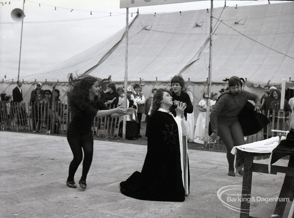 Dagenham Town Show 1965, showing open air religious play, with devil and praying figure, 1965