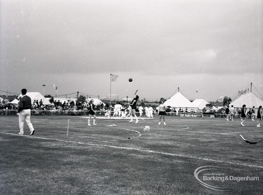 Dagenham Town Show 1965, showing championship finals of netball in arena, 1965