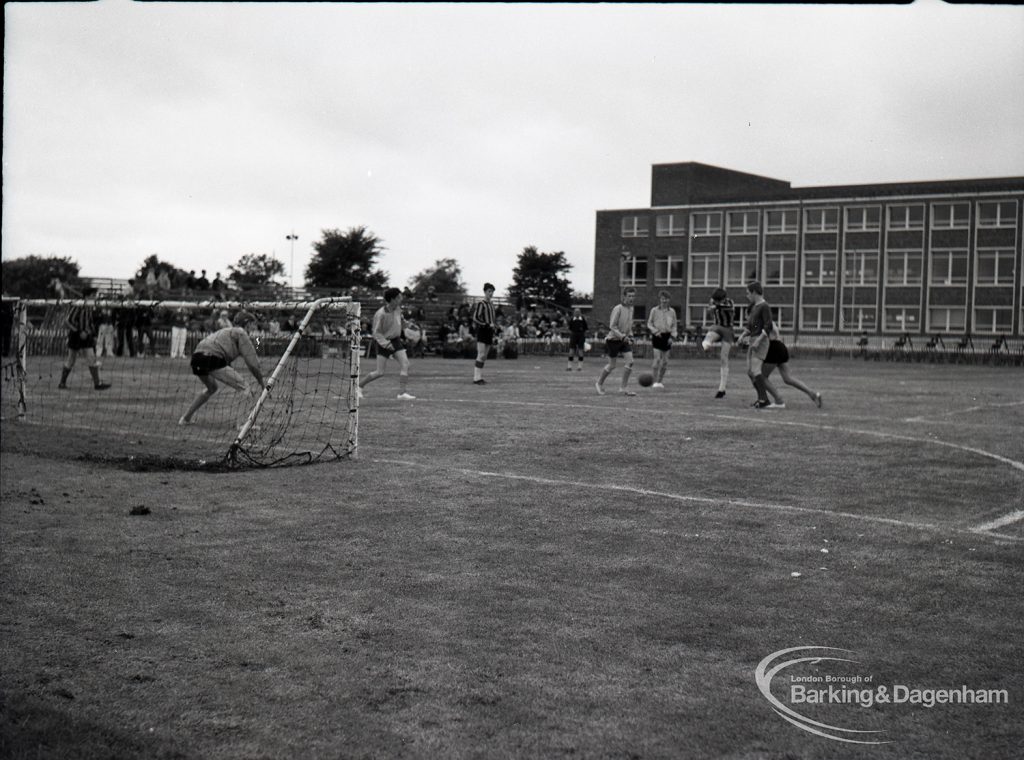 Dagenham Town Show 1965, showing five-a-side football championship finals, and with Civic Centre extension in background, 1965