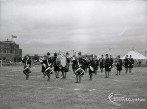 Dagenham Town Show 1965, showing bandsmen marching in arena, 1965