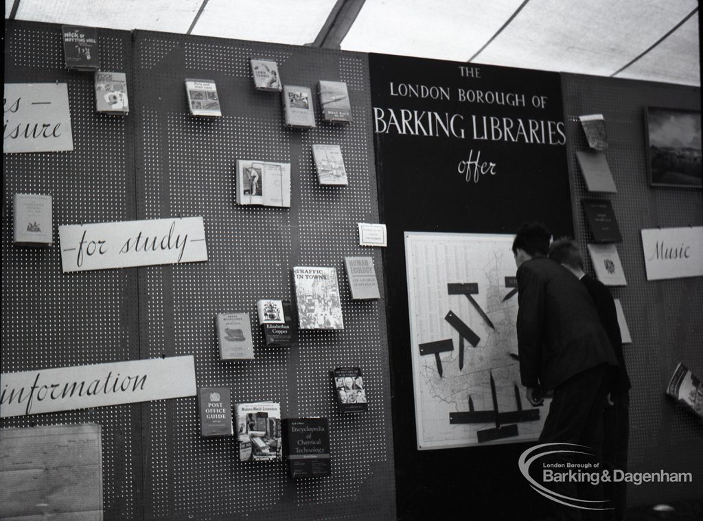 Dagenham Town Show 1965, showing Barking Libraries display and visitors, 1965