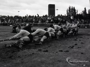 Dagenham Town Show 1965, showing tug-o’-war, with front view of team and spectators, 1965