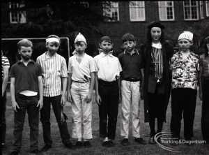 Dagenham school play, with children performing Columbus Sails, showing seven principal actors, 1965
