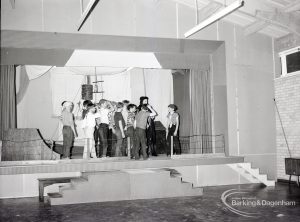 Dagenham school play, with children performing Columbus Sails, showing stage scene on board ship, 1965