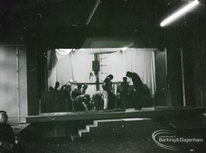 Dagenham school play, with children performing Columbus Sails, showing stage scene on board ship, 1965