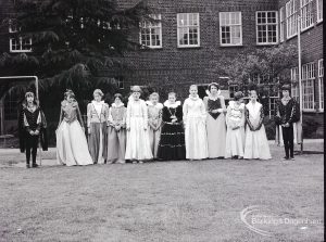 Dagenham school play, with children performing Columbus Sails, showing Queen Elizabeth with court ladies, 1965