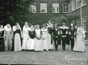Dagenham school play, with children performing Columbus Sails, showing Queen Elizabeth with court ladies and pages, 1965