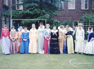 Dagenham school play, with children performing Columbus Sails, showing group of male characters, 1965
