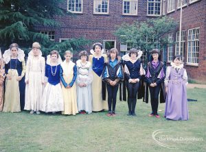 Dagenham school play, with children performing Columbus Sails, showing group of male characters, 1965