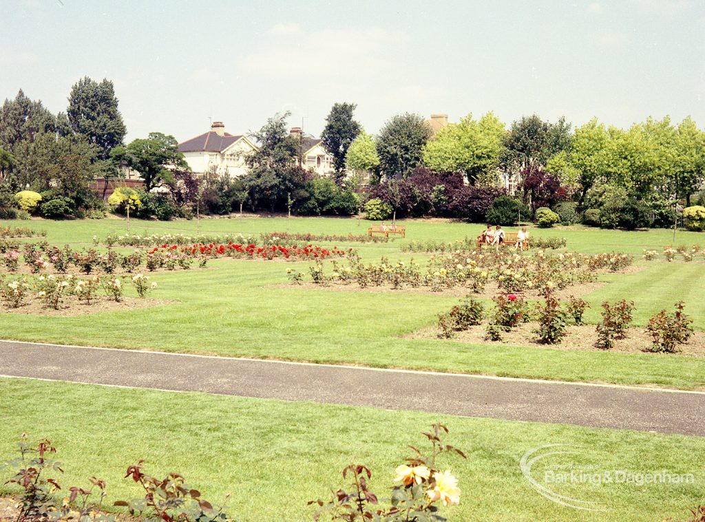 Pondfield Park, Reede Road, Dagenham, showing flowerbeds, river edge and trees, 1965