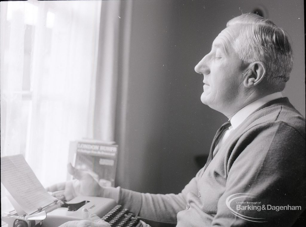 Mr Ted Murphy, 3 Raydons Road, Dagenham, left profile and looking up, author of ?The Big Load? and ?London Buses?, photographed for ?Barking Record?, 1965