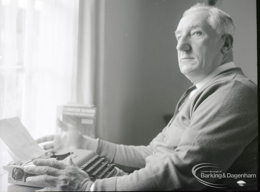 Mr Ted Murphy, 3 Raydons Road, Dagenham, half face and looking left and up, author of ?The Big Load? and ?London Buses?, photographed for ?Barking Record?, 1965