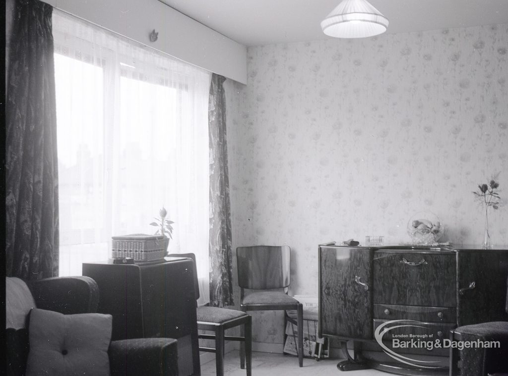 Architects Department interior of Gascoigne flats, Barking, showing living room, 1965