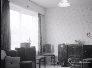 Architects Department interior of Gascoigne flats, Barking, showing living room, 1965