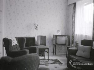 Architects Department interior of Gascoigne flats, Barking, showing living room, 1965