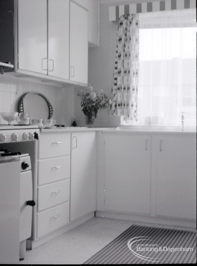 Architects Department interior of Gascoigne flats, Barking, showing kitchen, 1965