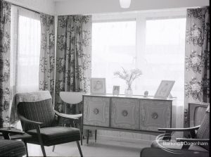 Architects Department interior of Gascoigne flats, Barking, showing glazed window of number 66 ground floor, 1965