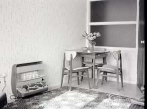 Architects Department interior of Gascoigne flats, Barking, showing dining area of number 66, from large window, 1965