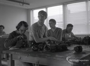 Adult Training College at Osborne Square showing four students to a bench doing metal work, 1965