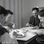 Adult Training College at Osborne Square showing four students at a table at lunch time, 1965