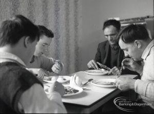 Adult Training College at Osborne Square showing four students at a table at lunch time, 1965