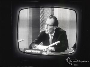 The Dagenham Parliament showing televised members speech delivered by Councillor Vic Rusha (Prime Minister), 1965