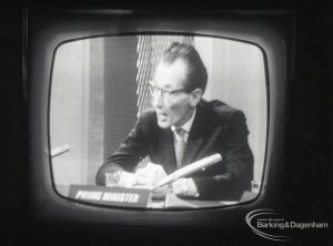 The Dagenham Parliament showing televised members speech delivered by Councillor Vic Rusha (Prime Minister), 1965