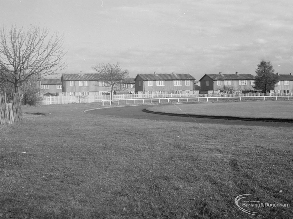 Church Elm Lane Housing development showing houses with a boardership arena to the north, 1965