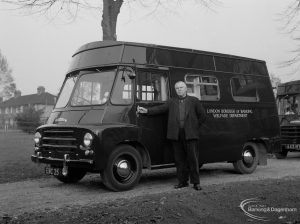 The Welfare Department Training Centre at Eastbury House showing a vehicle with the driver standing outside, 1965
