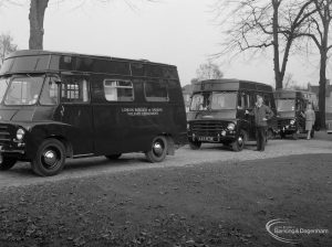 The Welfare Department Training Centre at Eastbury House showing three vehicles outside two with the drivers standing outside, 1965
