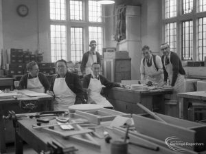 The Welfare Department Training Centre at Eastbury House showing men in a woodwork workshop, 1965