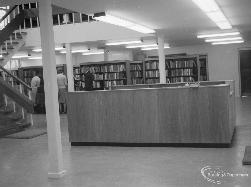 The Barking Library’s New Lending Deparment showing the ceiling depths on the ground floor and the wall stacks, 1965