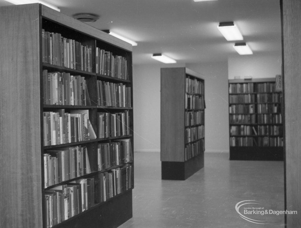 The Barking Library’s New Lending Deparment showing the corner of the lending library with new cases, 1965