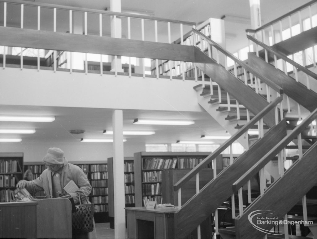 New Barking Library Lending Department, showing view of staircase from ground floor, 1965