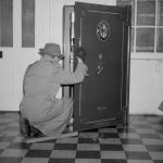 Barking Record? illustration showing ‘burglar opening safe’ in Valence House, illustrating ?Having it away? book by Ted Murphy, 1966