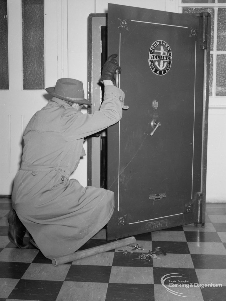 Barking Record? illustration showing ‘burglar opening safe’ in Valence House, illustrating ?Having it away? book by Ted Murphy, 1966