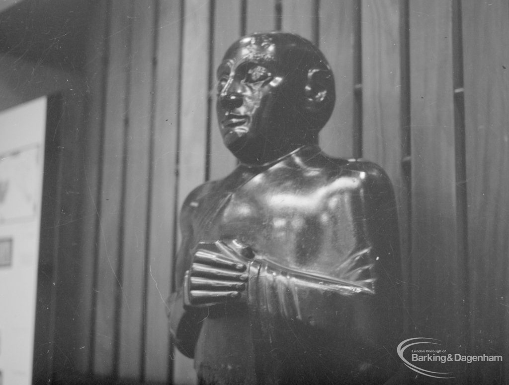 Sumerian exhibition at Fanshawe Library, Dagenham, showing left profile and half face of sculpture, 1966