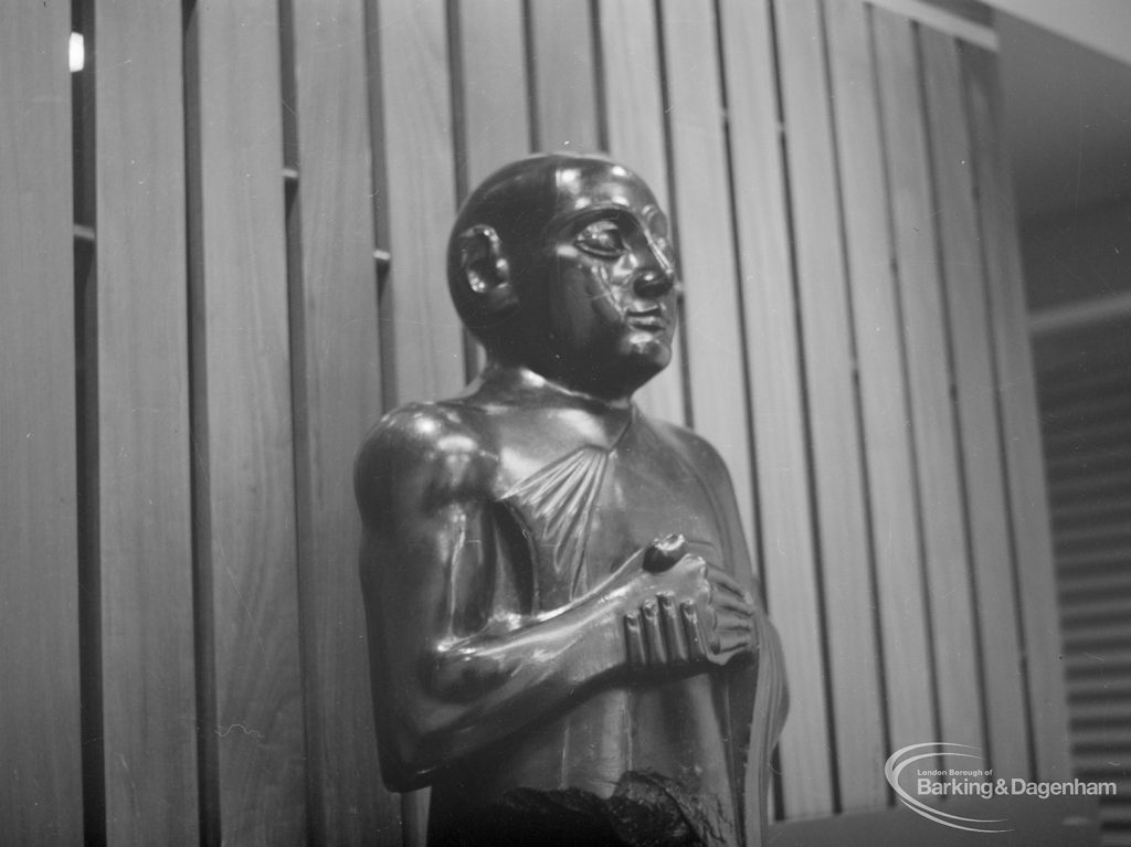 Sumerian exhibition at Fanshawe Library, Dagenham, showing right profile of sculpture, 1966