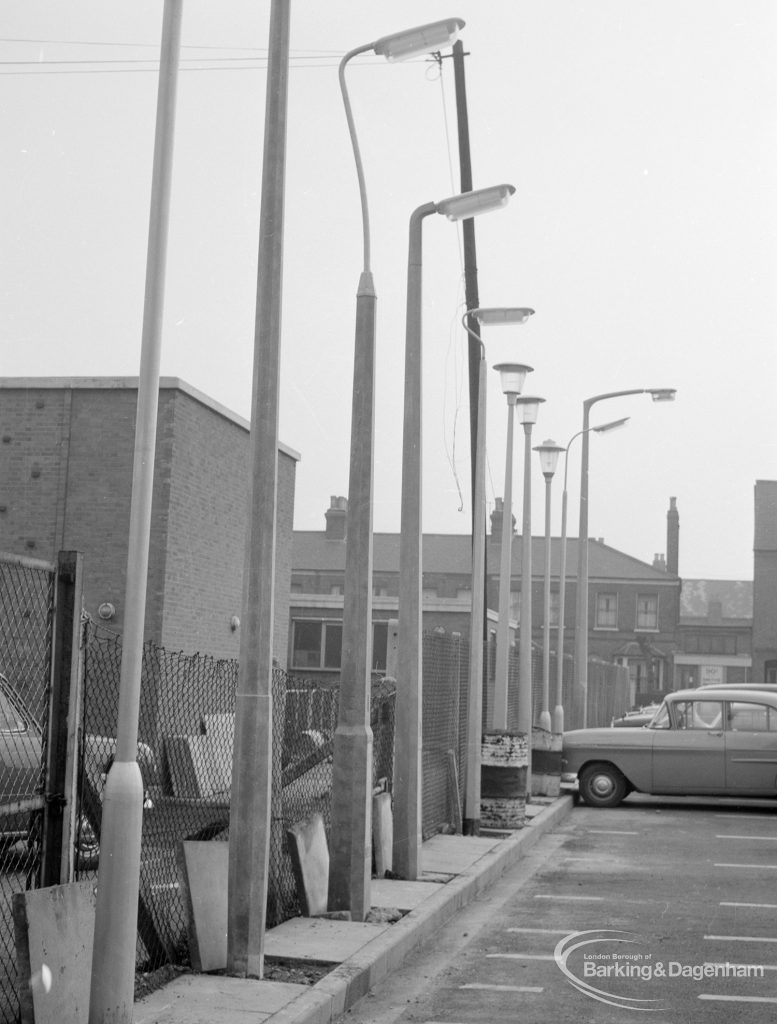Lighting, showing specially erected sample lamp-posts at Barking, 1966