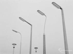 Lighting with specially erected sample lamp-posts at Barking, showing six varied lamps, 1966