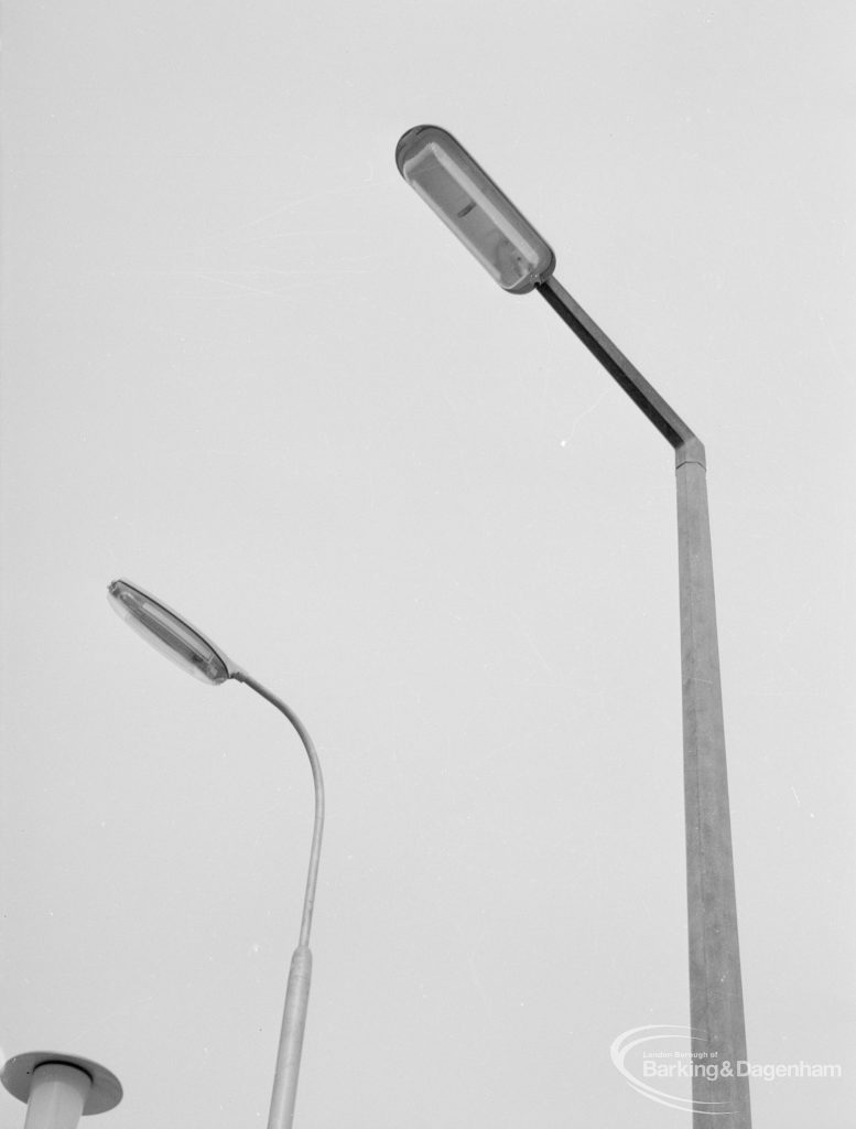 Lighting with specially erected sample lamp-posts at Barking, showing two swan-neck lamps, 1966