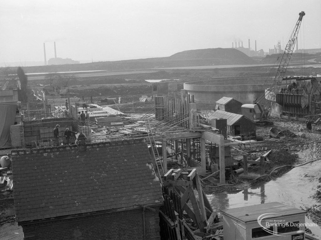 Riverside Sewage Works Reconstruction IX, showing storage tanks from roof of Control Hall, from south-west, 1966