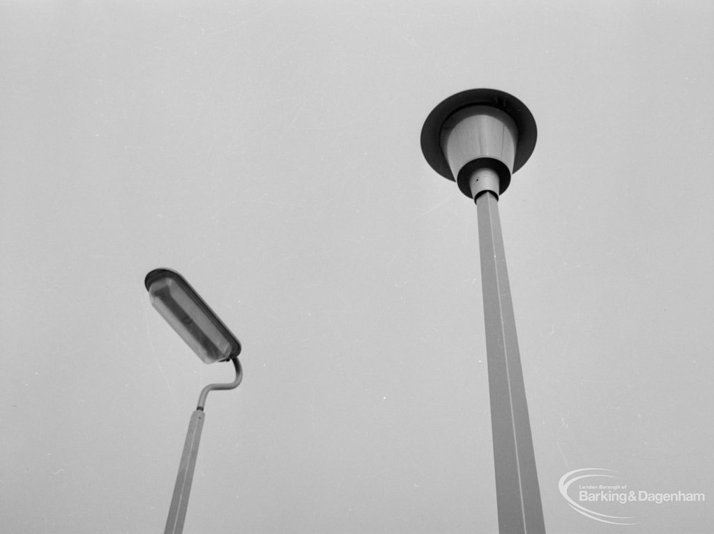 Lighting with specially erected sample lamp-posts at Barking, showing a round lantern and a longitudinal one, 1966