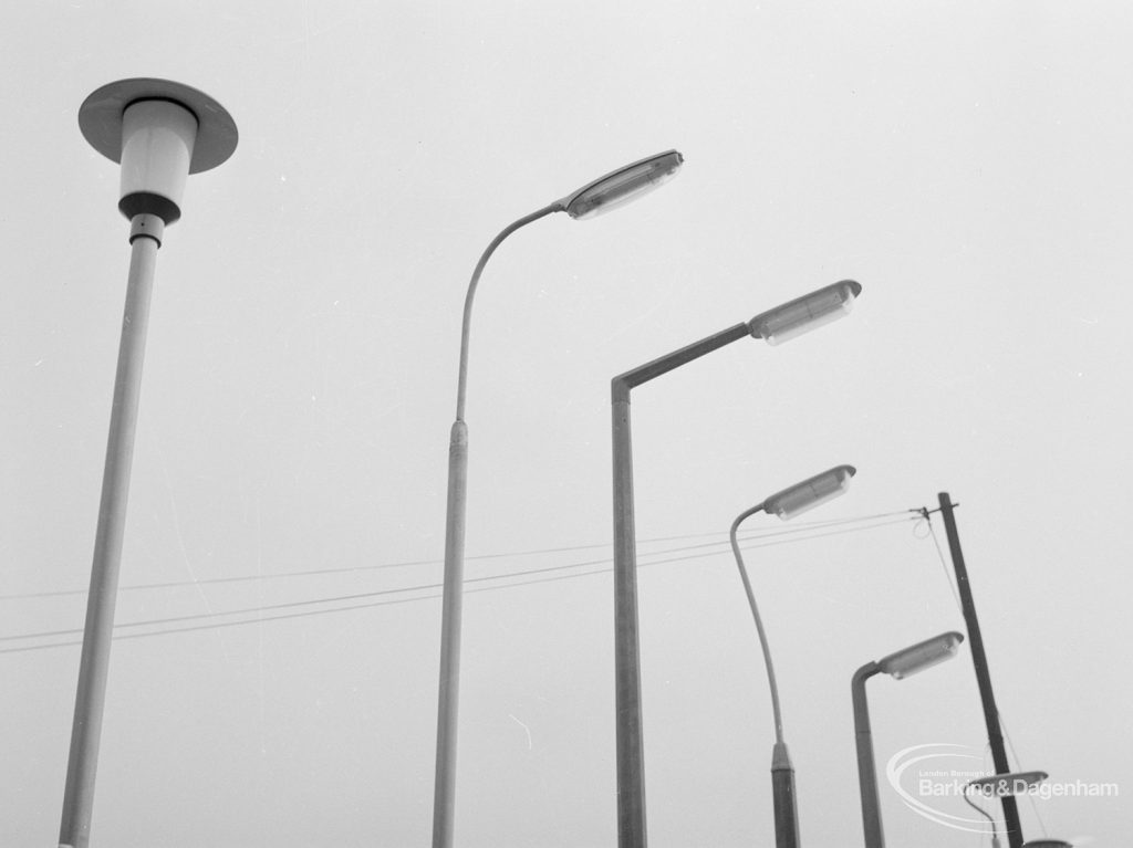 Lighting with specially erected sample lamp-posts at Barking, showing six fittings on display for Councillors’ choice, 1966