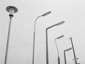 Lighting with specially erected sample lamp-posts at Barking, showing six fittings on display for Councillors’ choice, 1966